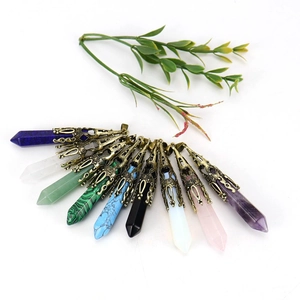 Natural crystal hexagonal prism pendants with bronze metal caps in diverse colors