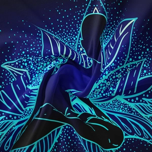 Detailed view of dark blue tapestry featuring intricate floral patterns and silky satin texture