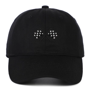 Black cotton baseball cap featuring embroidered checkered racing flags and curved brim