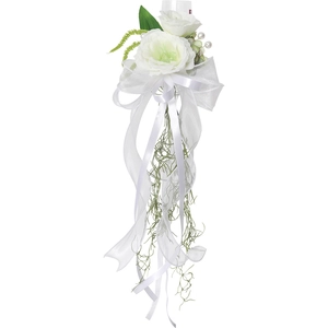Elegant white rose chair back flower decoration with silk ribbons for wedding ceremony