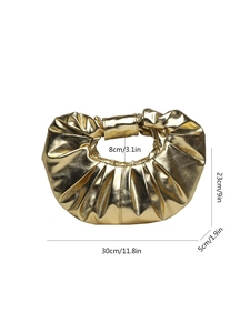 Detailed dimension chart showing size specifications for gold metallic dumpling clutch bag