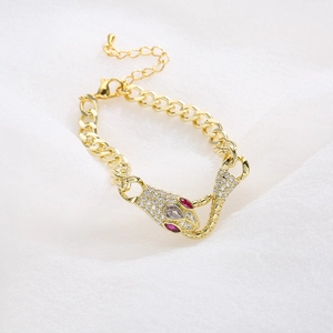 18K gold plated snake bracelet with cubic zirconia and ruby-colored eyes for women