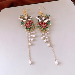 Vintage enamel butterfly and rose dangle earrings with gold tassels and pearls