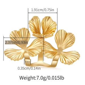 Detailed size specifications of 18K gold plated flower ring with ginkgo leaf design