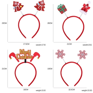 Set de cuatro diademas navideñas rojas con adornos de árboles y cajas de regalo