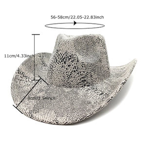 Western snake print cowboy hat with size guide showing brim width and crown height