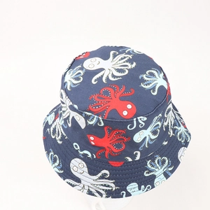 Kinder Fischerhut aus Baumwolle in Dunkelblau mit Oktopus-Print für Sonnenschutz