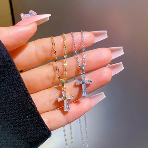 Cross Pendant Necklace Titanium Steel Chain Baguette Cut Zircon Micro Pave Gold Plated Minimalist Jewelry For Women