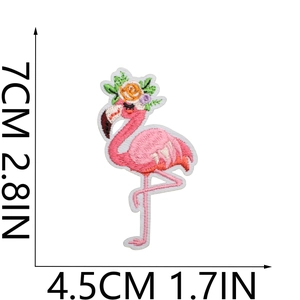 Detail view of pink flamingo embroidery patch showing dimensions 7CM x 4.5CM on white background