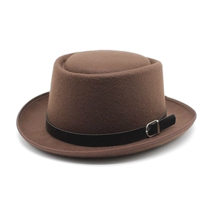 Classic brown felt fedora hat with black leather band and silver buckle for men and women