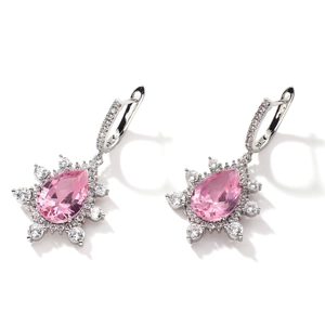 Sparkling pink teardrop earrings with halo micro-pave crystals on silver metal