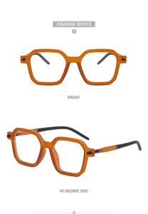 Front and profile views of stylish orange polygonal sunglasses with black temples