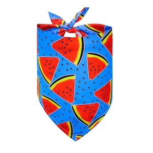 Detailed view of a bright blue pet bandana with a vibrant watermelon fruit pattern print