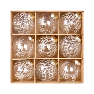 Set of 9 transparent 8cm Christmas balls with gold and silver glitter patterns in a gift box