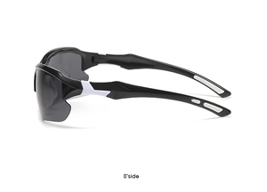 Side view of outdoor sports sunglasses with black and white frame and non-slip temples