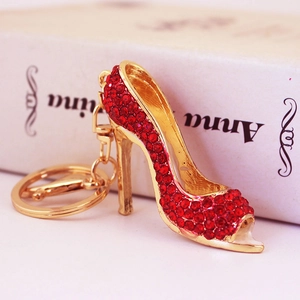 Sparkling red rhinestone high heel shoe keychain with gold plating and lobster clasp