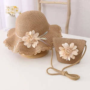 Girls Straw Hat And Handbag Sun Protection Wave Brim Fabric Flower Summer Beach Sweet Accessories