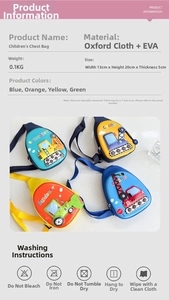 Detailed dimensions and four color options of a cartoon excavator chest bag for kids