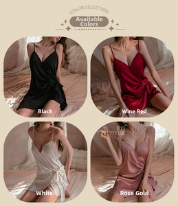 Color selection of satin lingerie nightgowns in black, wine red, white, and rose gold