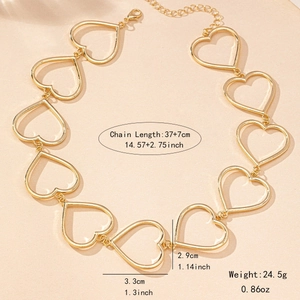 Golden hollow heart link necklace for women with 37+7cm chain and 24.5g weight details