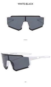 Front and side views of white framed outdoor sports cycling sunglasses with dark lenses