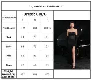 Size guide table for elegant backless evening gown with sequin slit dress and long gloves