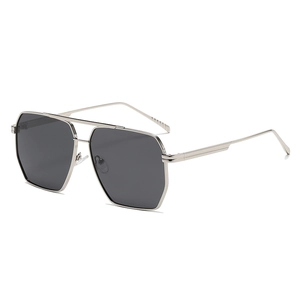 Polarized double bridge aviator sunglasses with silver metal frames and dark lenses