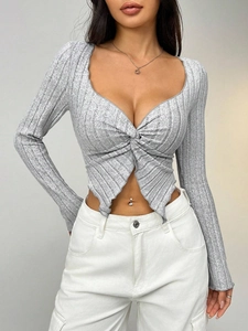 Sexy Langarm Crop Top Damen T-Shirt Rippstrick V-Ausschnitt Knoten Vorne Schmale Passform Solid Rippentop Streetwear