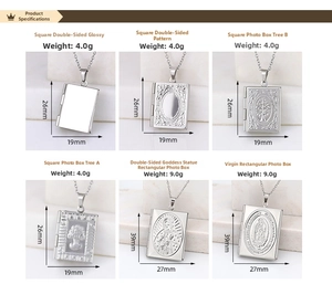 Macro view of six stainless steel book-shaped photo locket pendants with detailed engravings