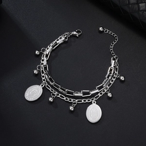 Religious Virgin Mary Pendant Bracelet Stainless Steel Double Layer Paperclip Chain With Polished Beads For Women