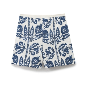 Short taille haute blanc en coton avec broderie florale paisley bleu marine