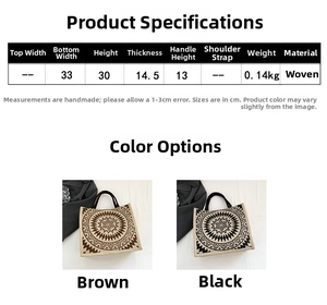 Detailed view of large ethnic linen tote bag with geometric patterns and size dimensions
