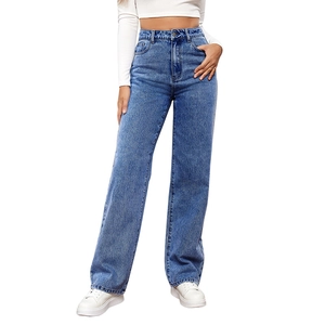 Jean femme taille haute à jambe large, délavé bleu avec coupe droite classique