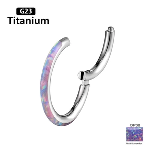 Macro detail of G23 Titanium nose hoop with Multi Lavender opal inlay and metal texture