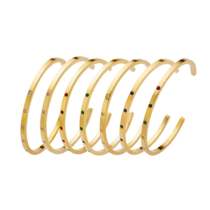 Polished 18k gold plated stainless steel C-shaped cuff bracelets with colorful crystals