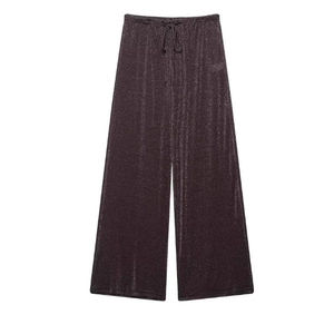 Pantalon large violet scintillant avec taille haute à cordon et tissu métallique