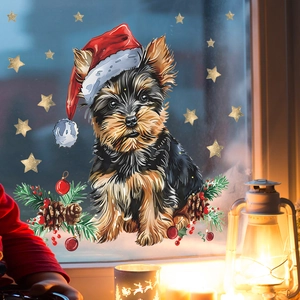 Christmas Yorkshire Terrier window cling with festive stars and pine needle decorations