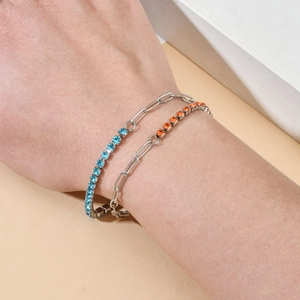 3MM stainless steel bracelet with blue and orange crystals in paperclip chain style