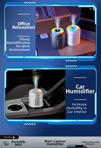 Macro view of portable mini humidifier with RGB lights in car cup holder and desk