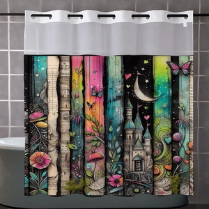 Close-up of waterproof butterfly and floral print on double-layer shower curtain fabric