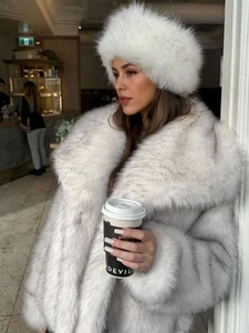 Elegant white faux fox fur coat with oversized collar and matching plush winter hat