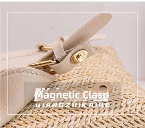 Detailed macro view of beige leather woven backpack featuring a secure magnetic snap closure
