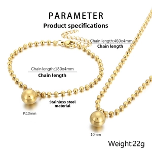 Detailed view of 10mm gold stainless steel bead necklace and bracelet set jewelry