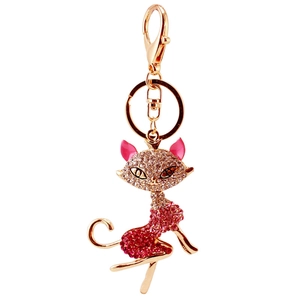 Creative cute fox kitten keychain with rose pink rhinestones on gold metal link