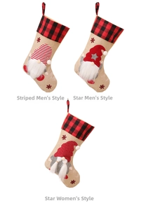 Detailed close-up of three burlap Christmas stockings with 3D gnome and snowflake patterns