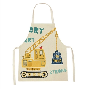 Cartoon excavator print linen apron for kids and adults with crane graphic on beige base