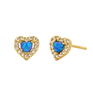 S925 silver heart stud earrings with blue opal and small sparkling zircon stones
