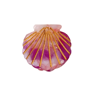 Elegant shell-shaped hair claw clip with purple and pink gradient and gold stripes