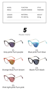Detailed comparison of five cat eye glasses showing color-changing PC and metal frames