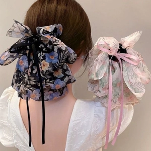 Floral chiffon bow hair claw clip with elegant long ribbons for back of head